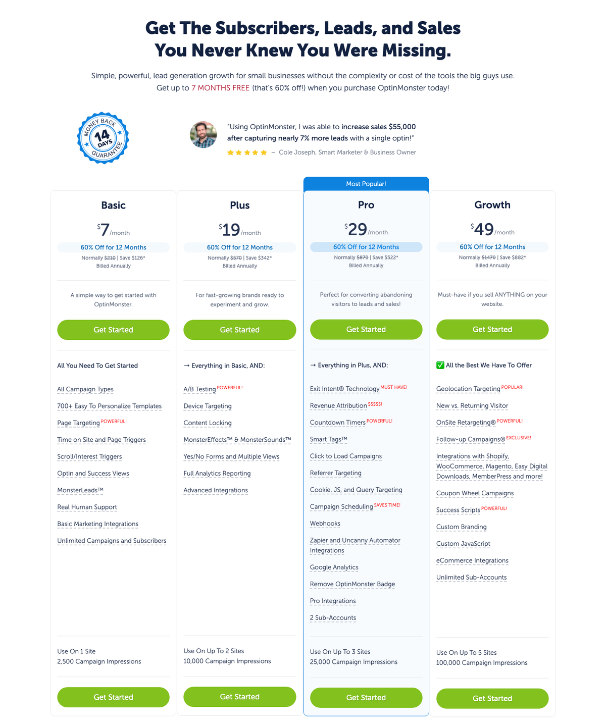 OptinMonster pricing page showing the Basic, Plus, Pro and Growth plans billed annually