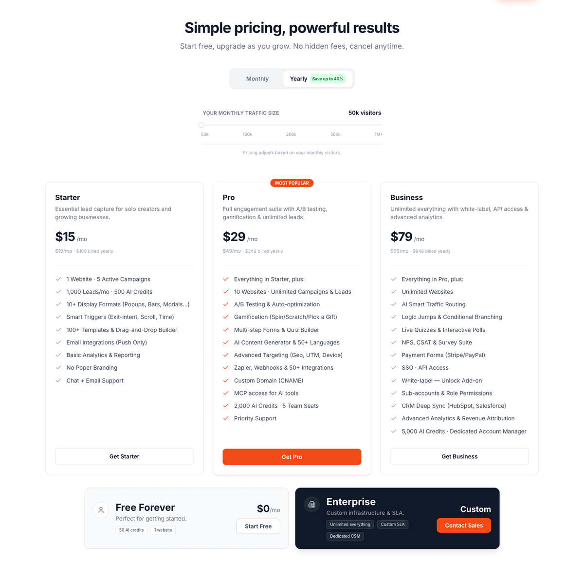 Poper pricing page showing the Starter, Pro and Business plans and the traffic slider