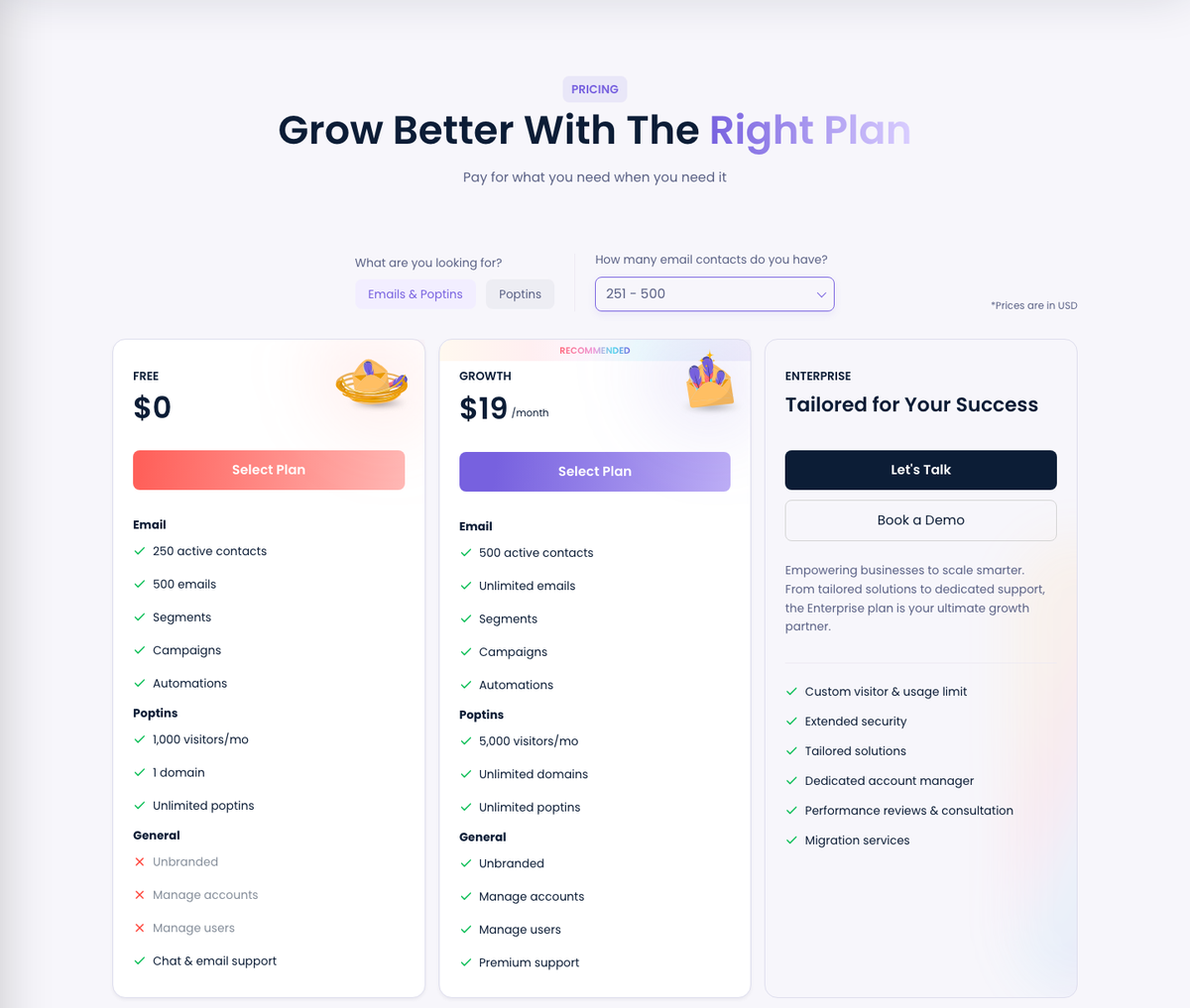 Poptin pricing page showing the Free, Growth and Enterprise plans on the Emails and Poptins track