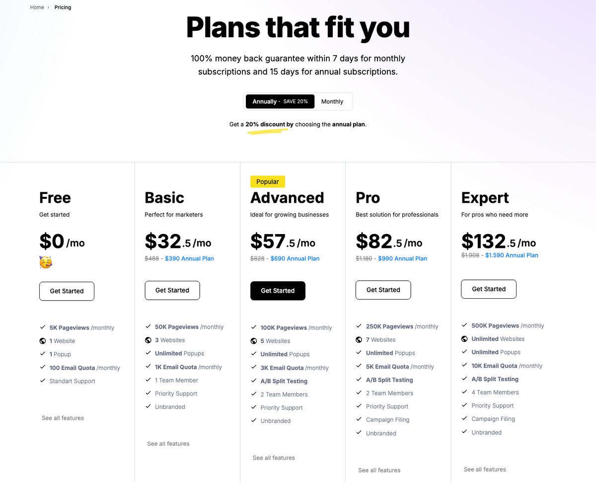 Popupsmart pricing page showing the Free, Basic, Advanced, Pro and Expert plans