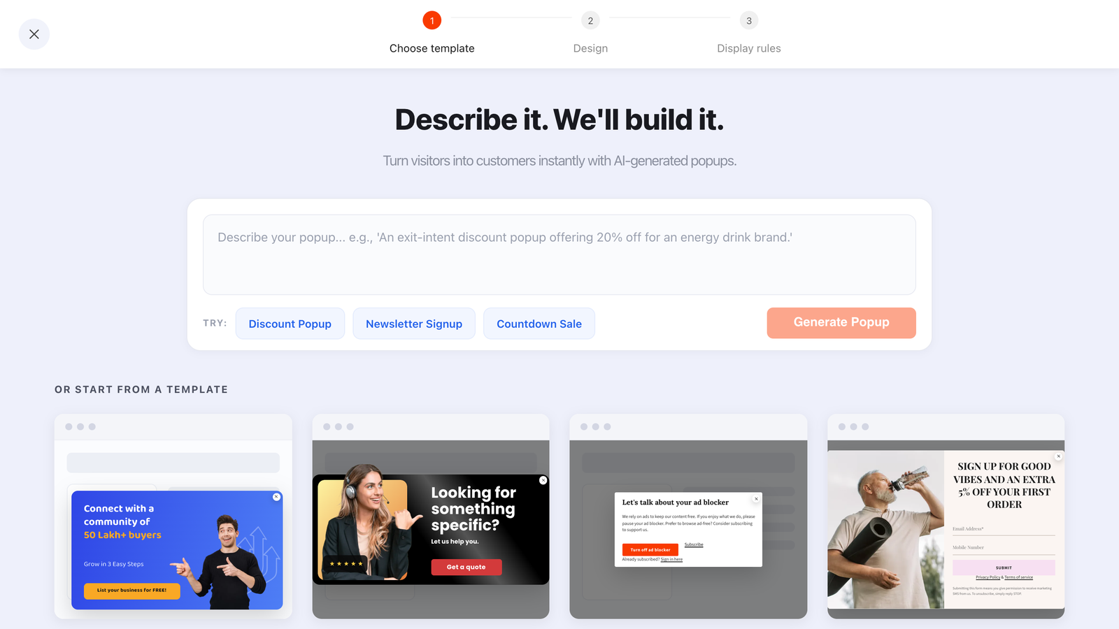 The ChilliPopup AI bar headed “Describe it. We'll build it.” above the popup template gallery
