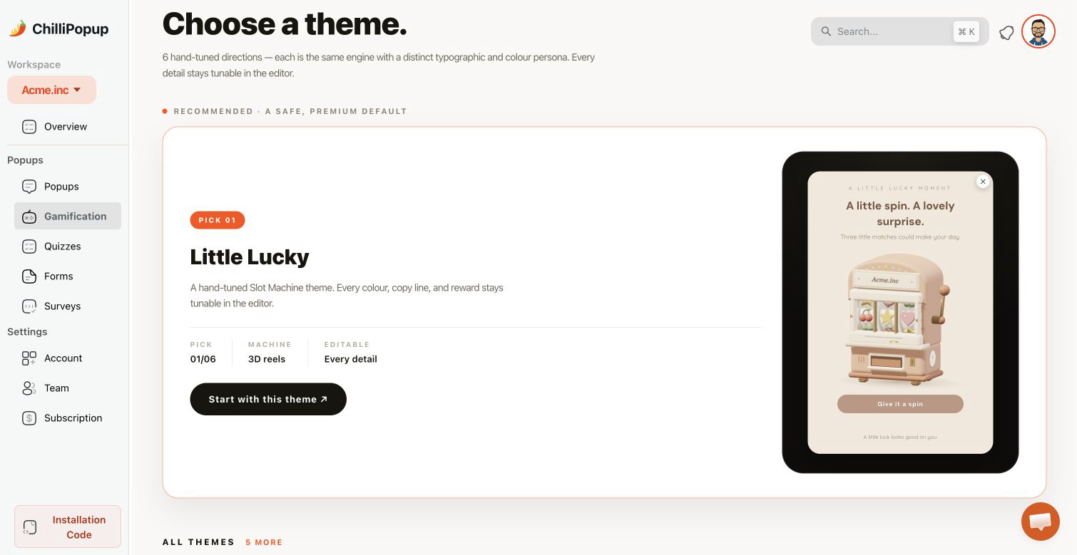 The ChilliPopup slot theme picker showing the recommended Little Lucky 3D cabinet and editable workspace sign