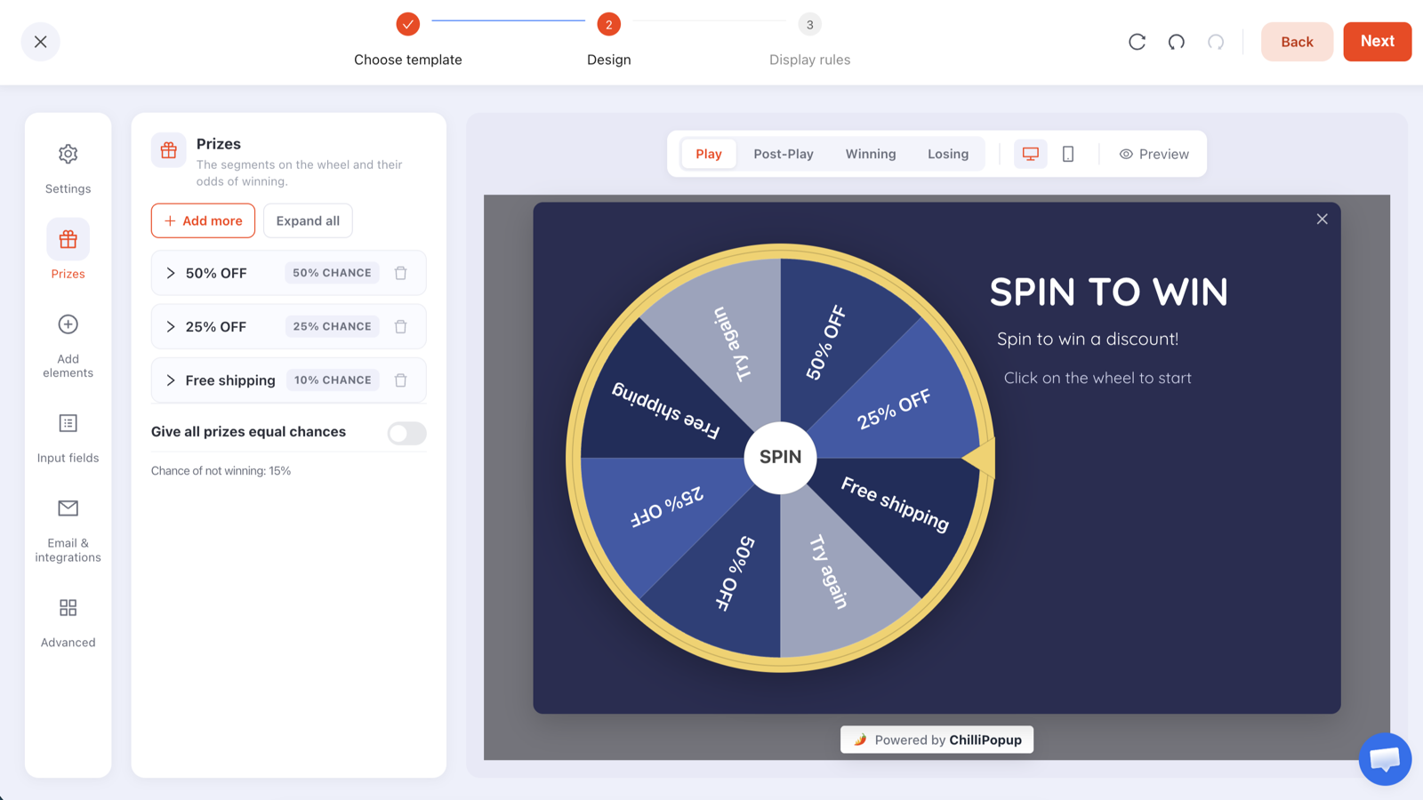 The Prizes panel of the ChilliPopup spin to win popup editor, showing 50% OFF at 50% chance, 25% OFF at 25% chance and Free shipping at 10% chance, with the remaining chance of not winning displayed underneath