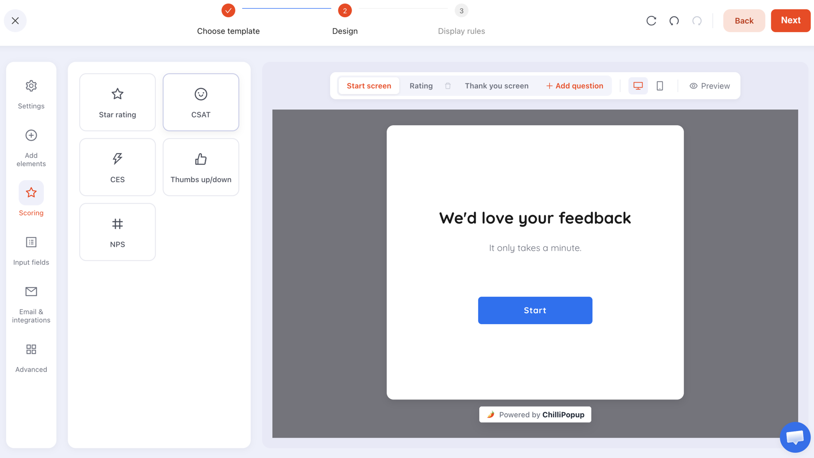 A multi-step survey in the ChilliPopup builder, with separate Start screen, question and Thank you screen steps so a progressive profiling ask can sit on its own screen