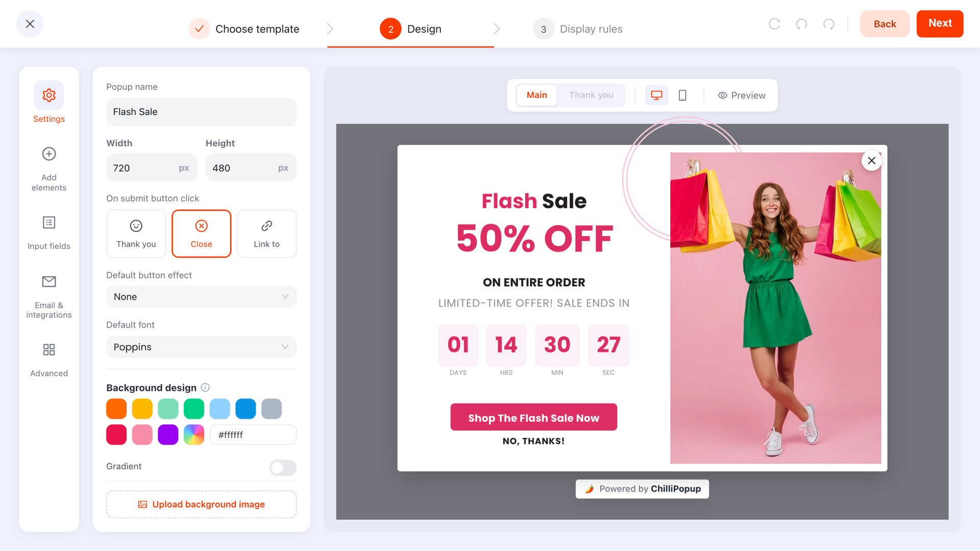 A mobile-friendly popup being built in the ChilliPopup designer with a single email field and a large, honest close button