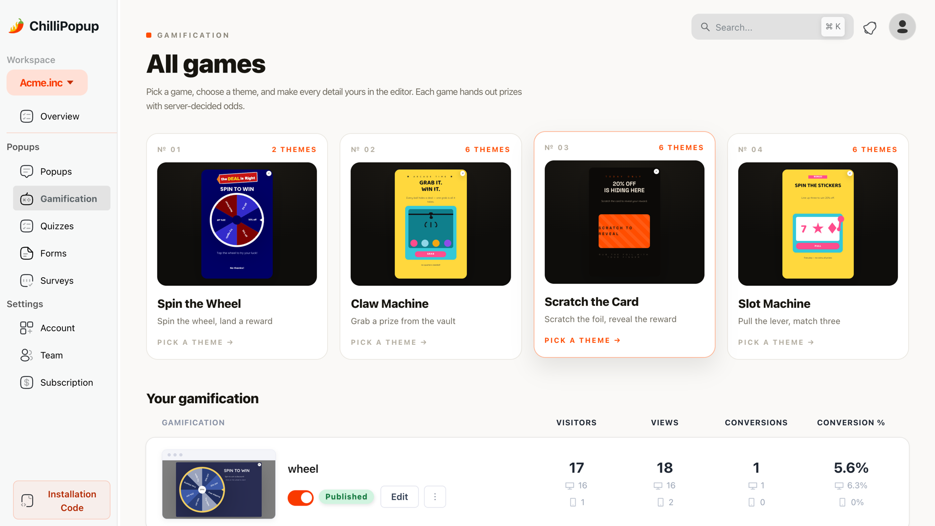 The four gamified popup types in ChilliPopup — spin the wheel, claw machine, scratch card and slot machine