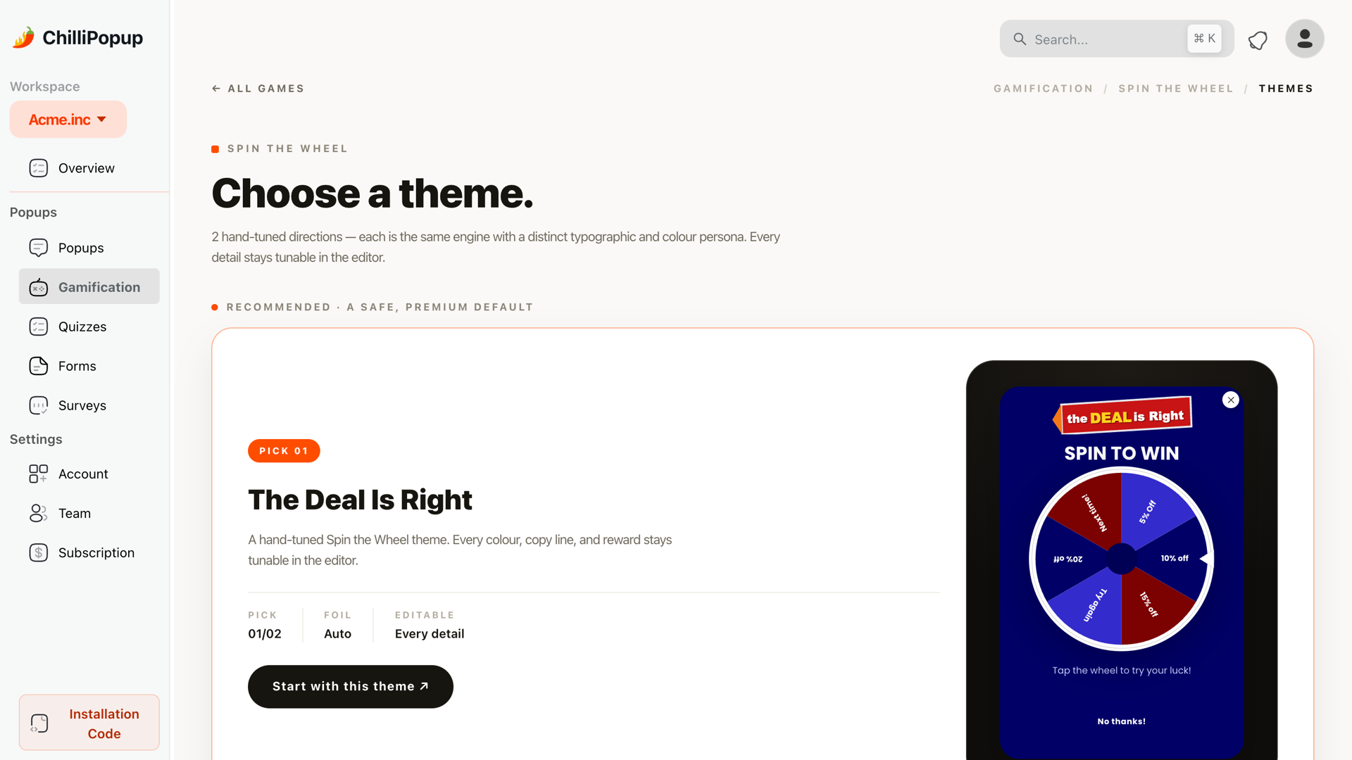 Spin wheel theme gallery in ChilliPopup — themed wheel designs ready to be recolored into a Halloween Wheel of Doom popup