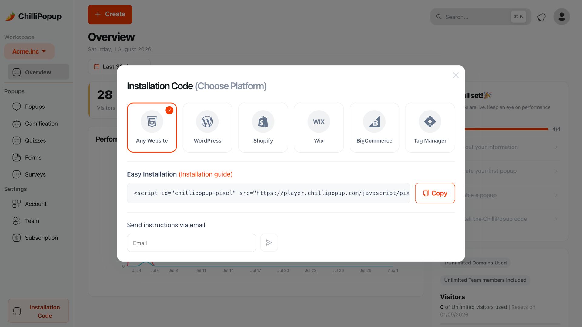 The ChilliPopup install screen in the dashboard, where you connect a Shopify store or copy the one-line script for any other website