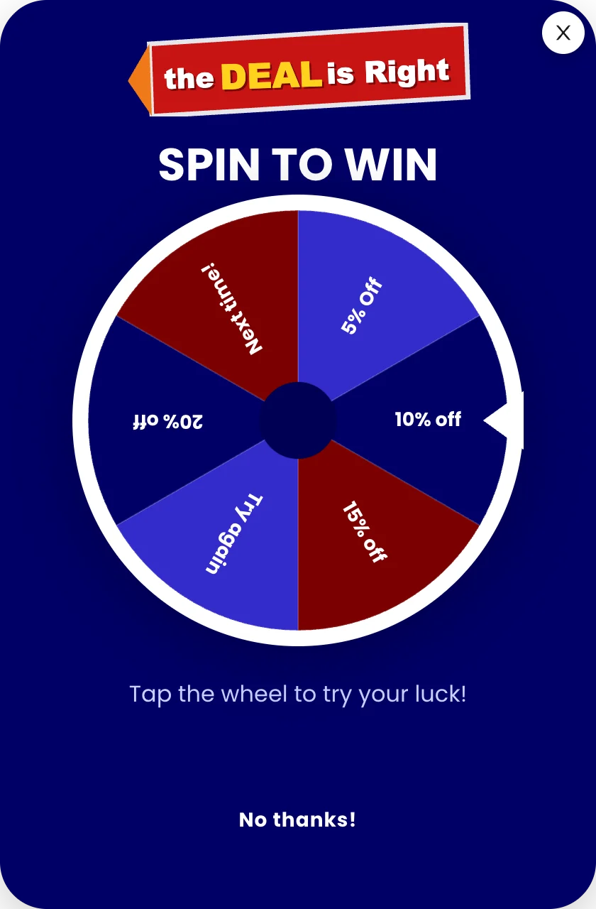 The Deal Is Right, the starter Spin the Wheel theme: a navy card with a prize wheel of six coloured slices and a Spin button