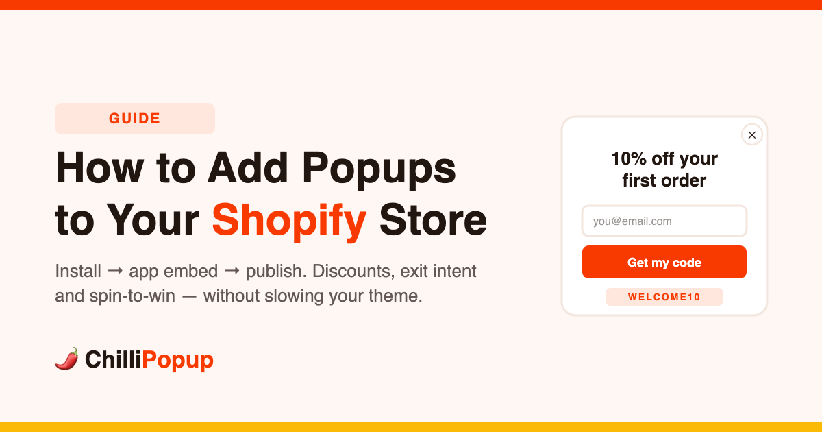 How to add popups to your Shopify store — a 10% off welcome popup with an email field and a WELCOME10 discount code