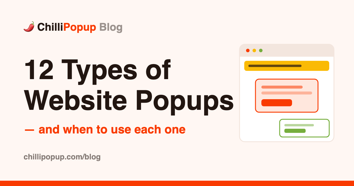 12 types of website popups illustrated with a lightbox modal, floating bar and corner slide-in on a browser mockup