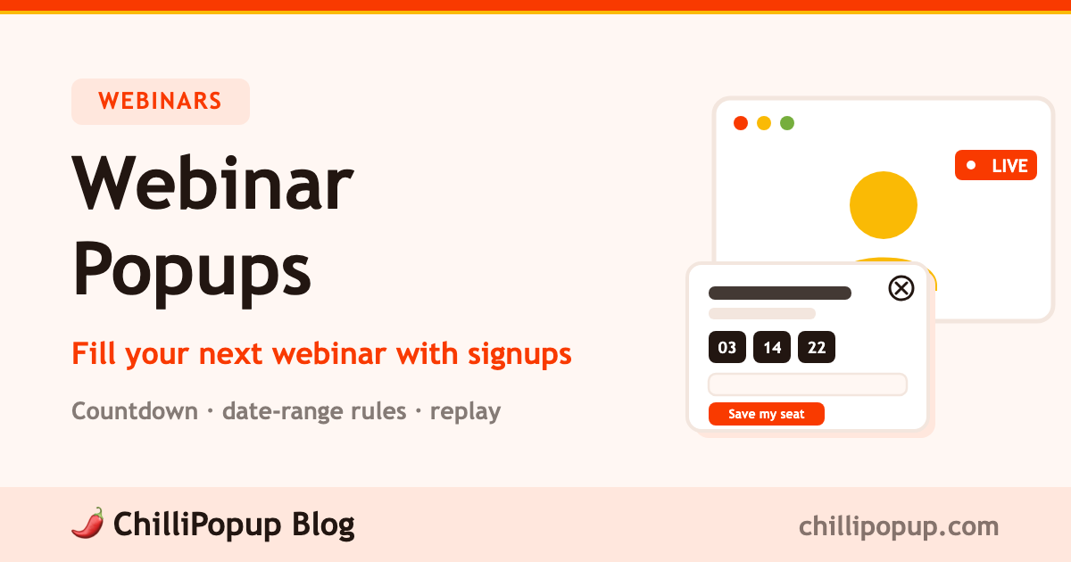 Webinar popup guide — a registration popup with a countdown timer and a Save my seat button over a live webinar screen