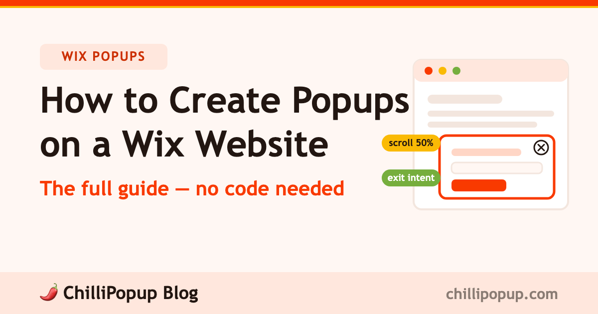 How to create popups on a Wix website — a Wix page wireframe with a popup card and its scroll and exit intent trigger rules