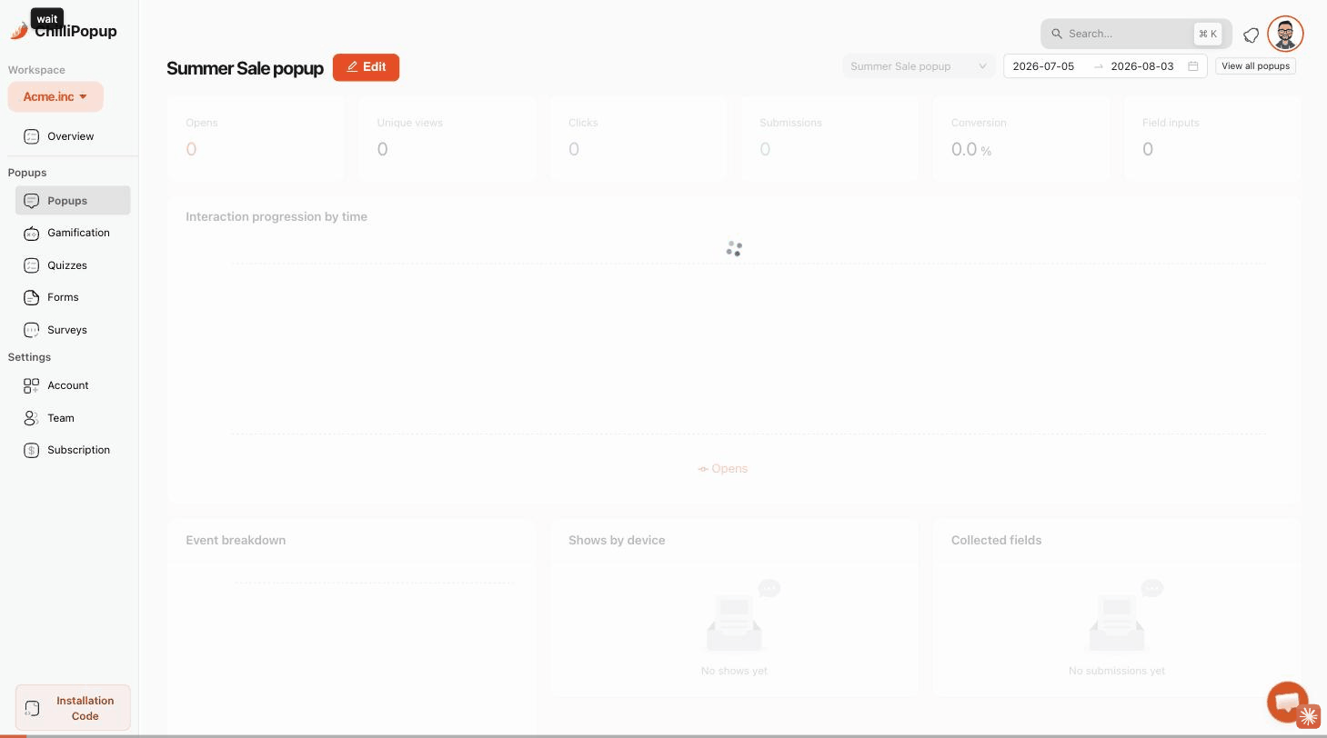 Screen recording of ChilliPopup A/B testing: creating a test from the popup list, setting the traffic split, and a live website showing each visitor their assigned variant