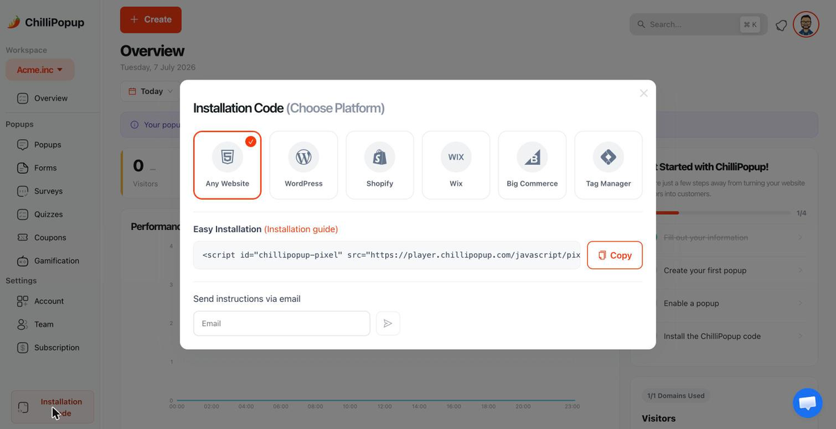 ChilliPopup dashboard Install screen showing the Any Website tab and the one-line install code