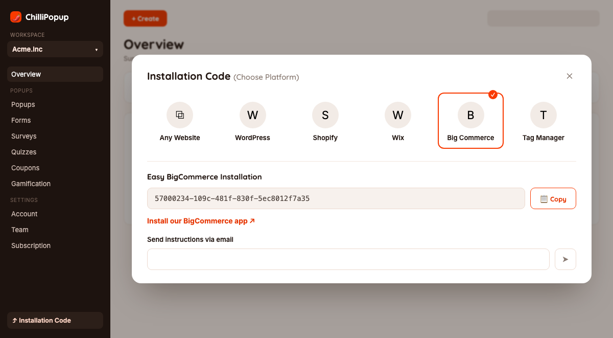 ChilliPopup dashboard Installation Code screen showing the BigCommerce tab and Workspace ID field