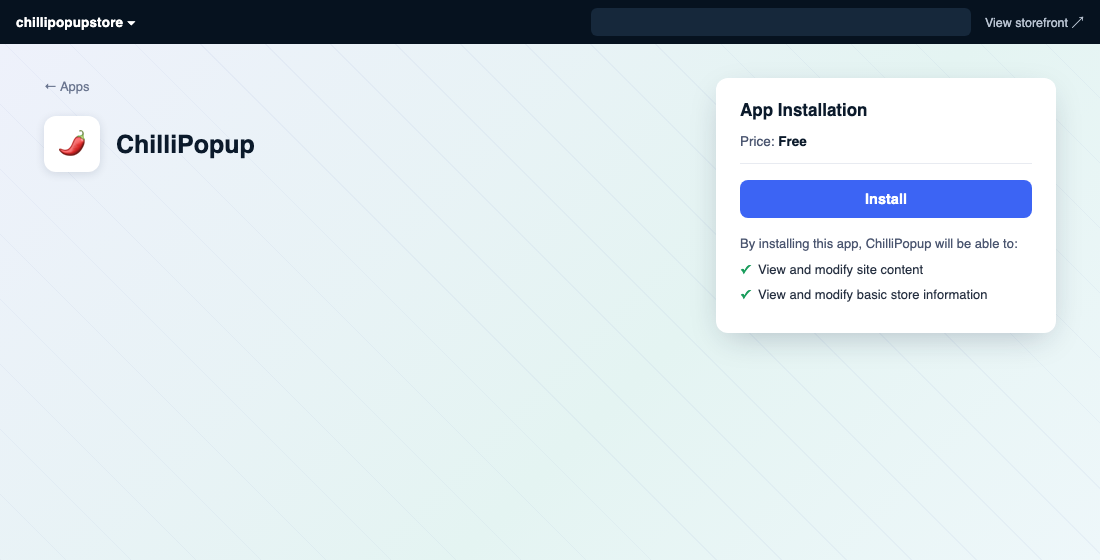 BigCommerce App Installation screen for ChilliPopup showing Price: Free, the Install button, and the requested permissions