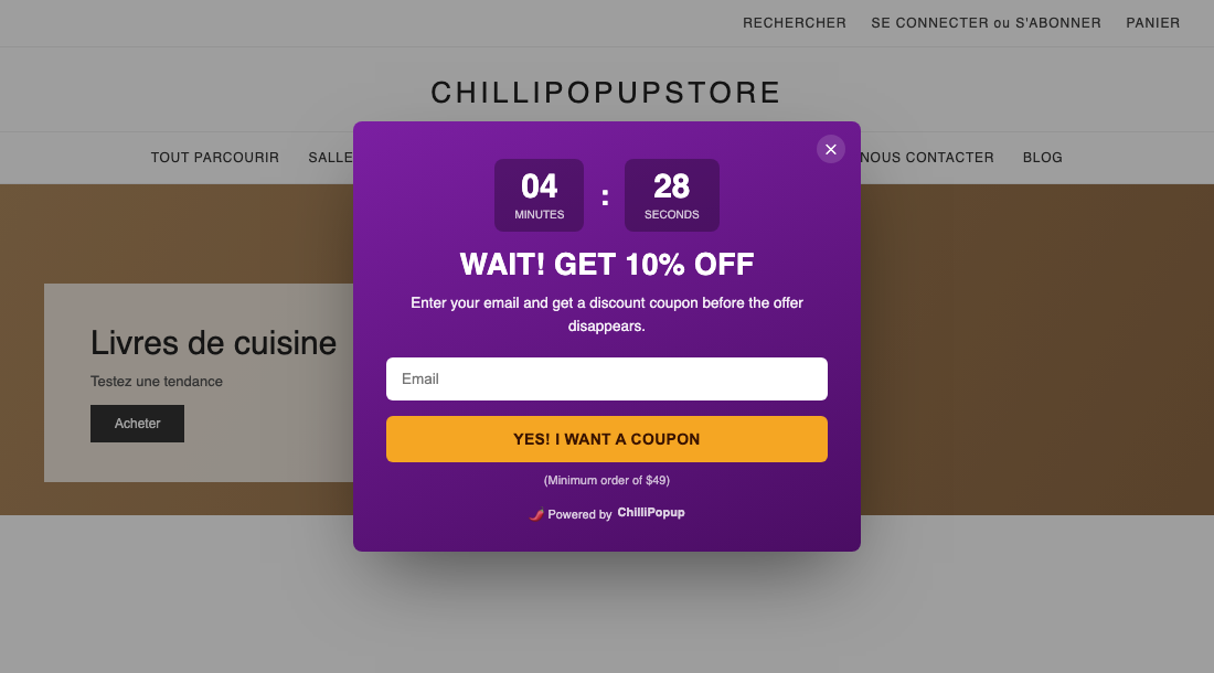 A ChilliPopup discount popup with a countdown timer rendering live on a BigCommerce storefront, with the 'Powered by ChilliPopup' footer