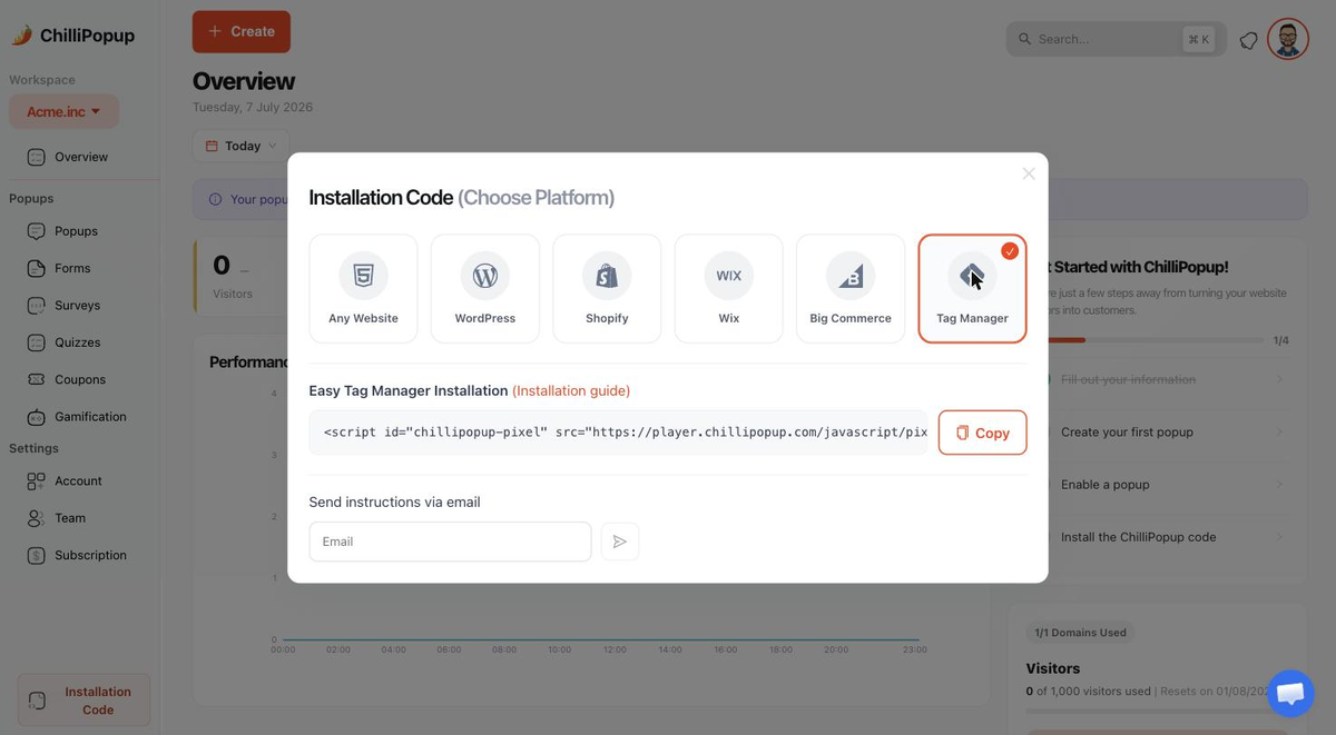 ChilliPopup dashboard Install screen showing the Tag Manager tab and the install code
