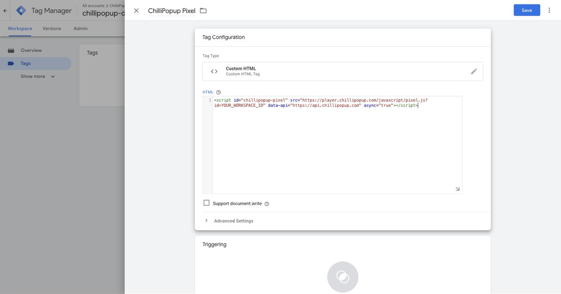 Google Tag Manager Custom HTML tag named ChilliPopup Pixel with the install code pasted in