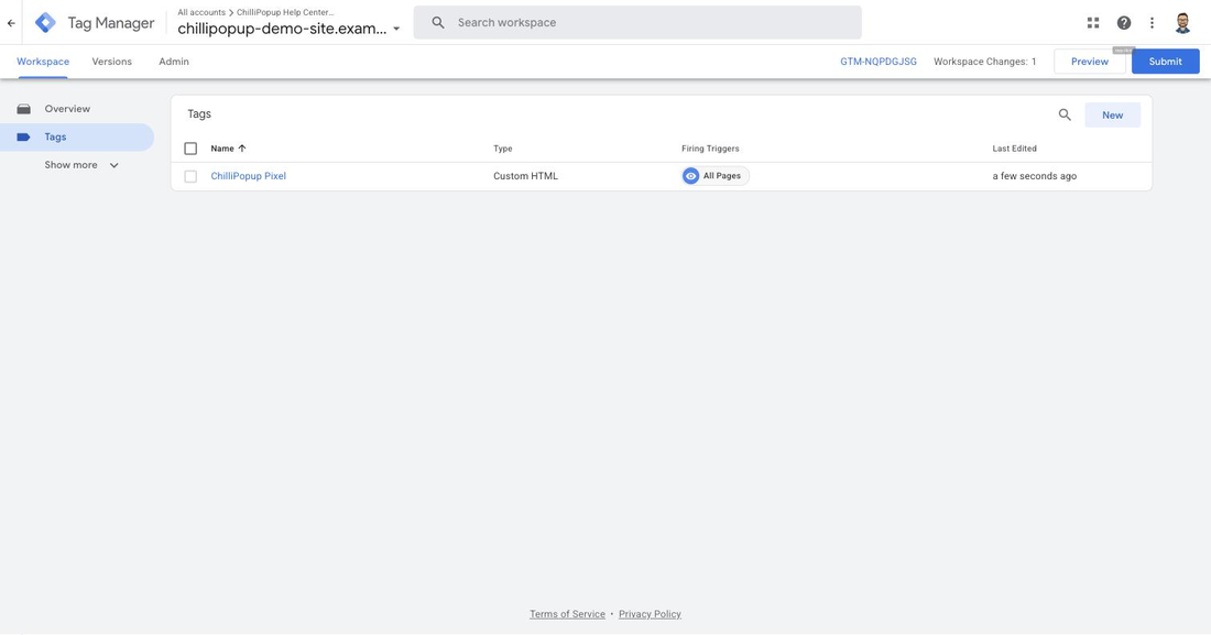 Google Tag Manager Tags list with ChilliPopup Pixel created, ready to Submit