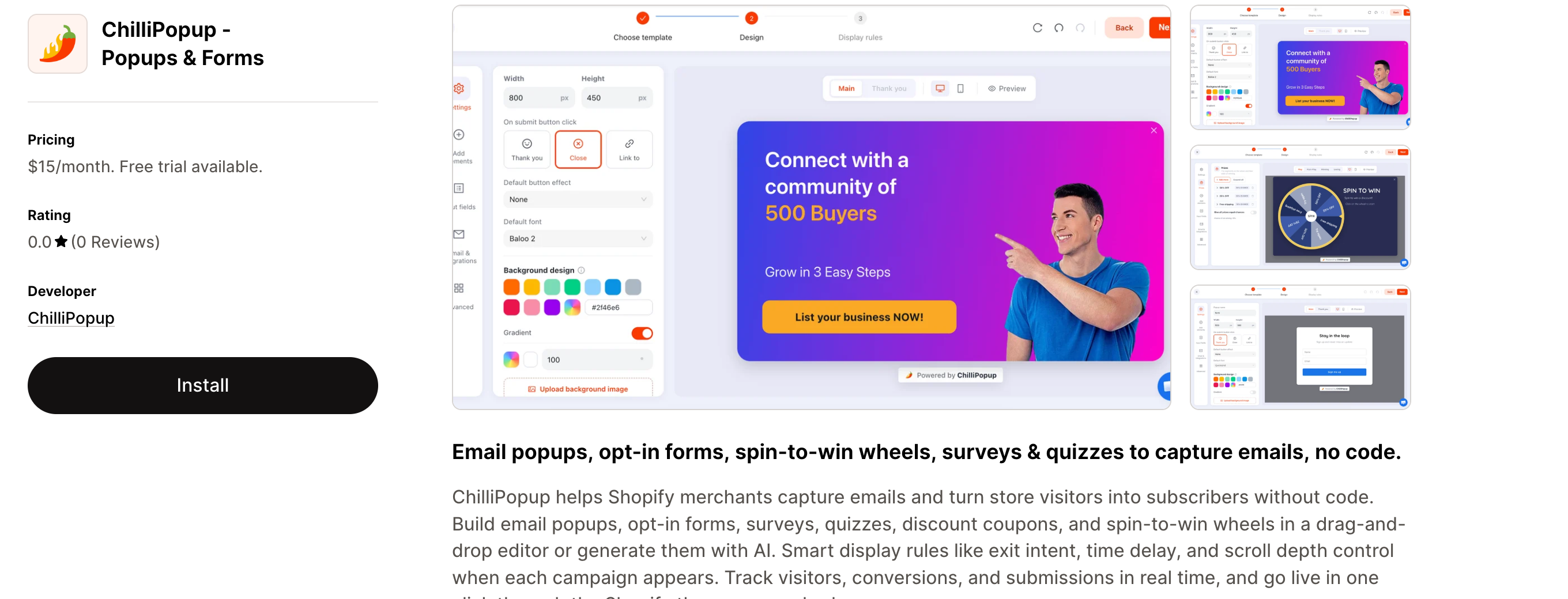The ChilliPopup - Popups & Forms app listing on the Shopify App Store with the Install button and screenshot gallery