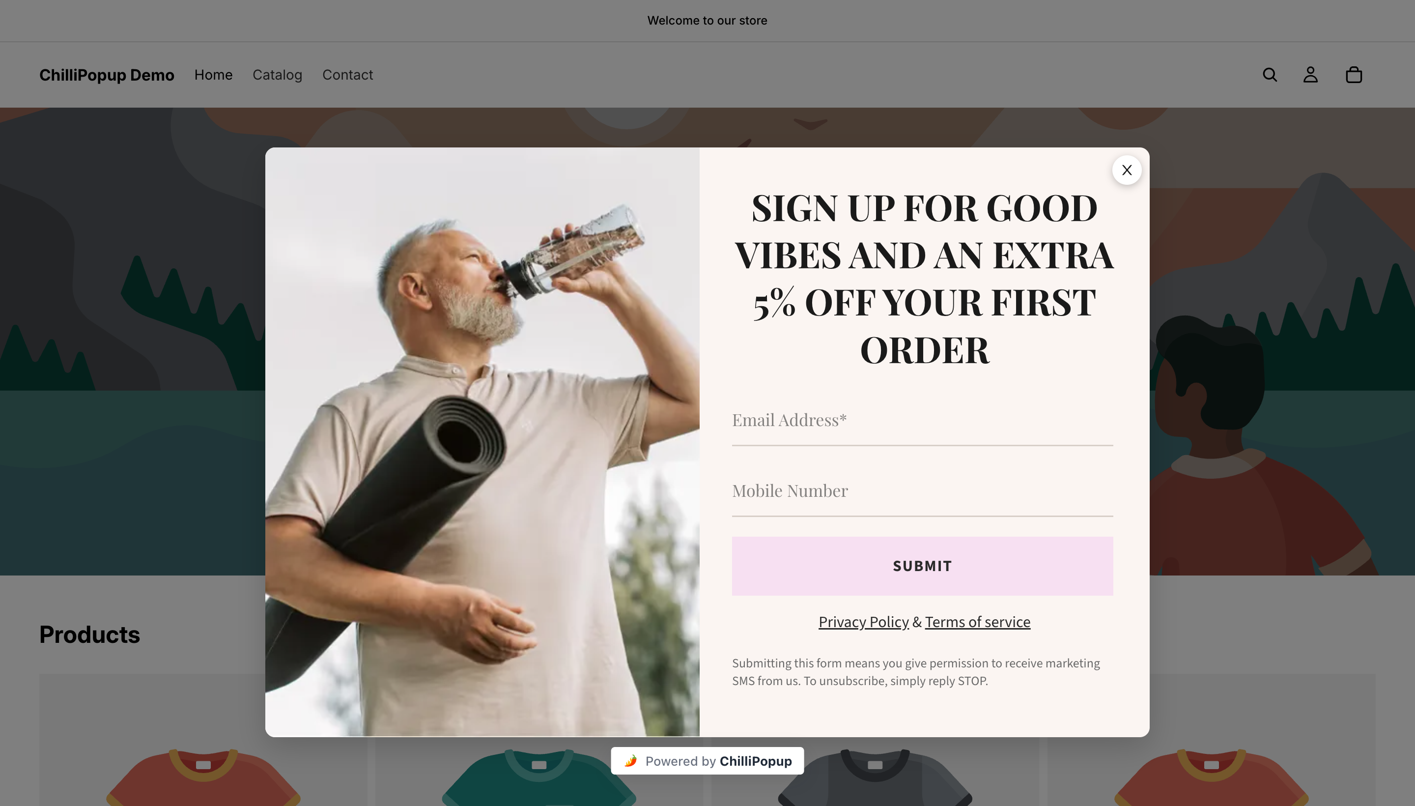 A live exit-style overlay on a storefront offering 5% off a first order, with an email field and a mobile number field