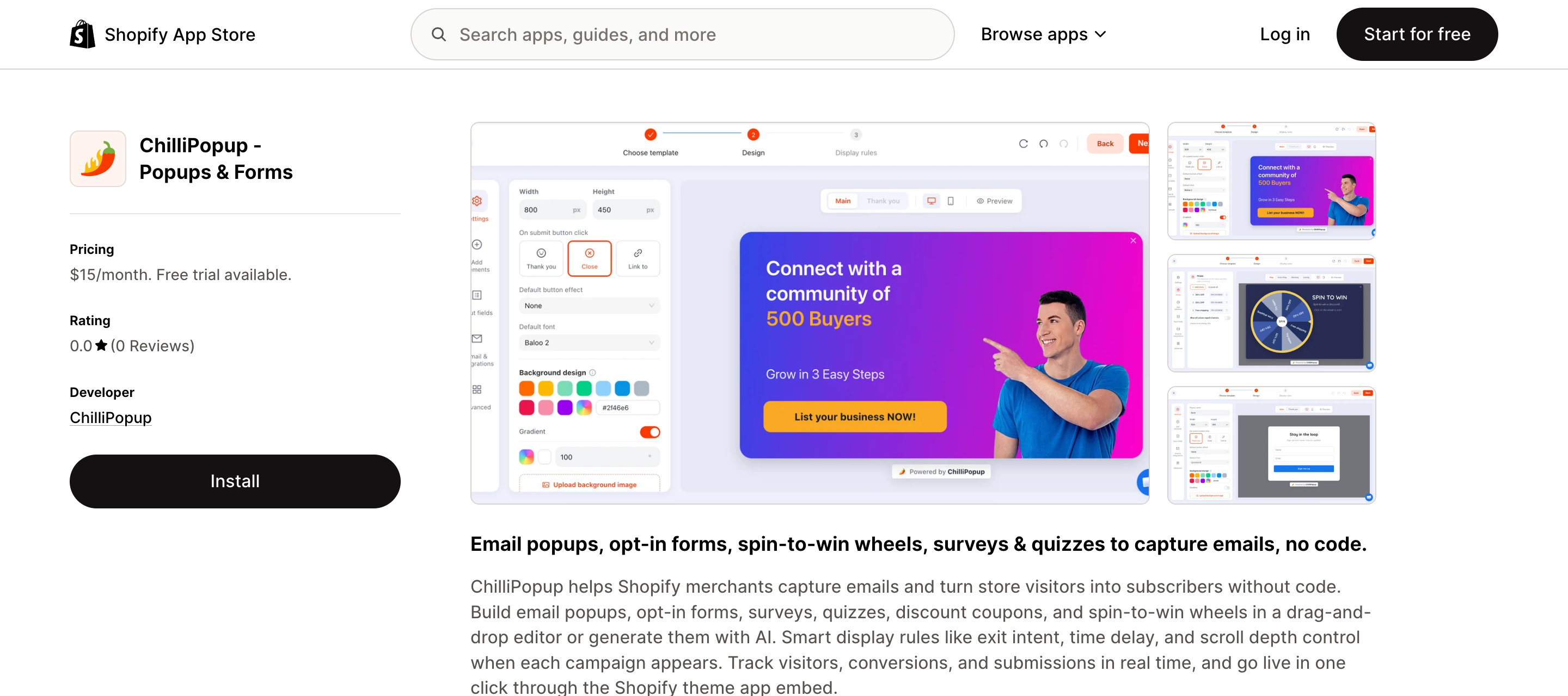 The ChilliPopup - Popups & Forms listing on the Shopify App Store with the Install button
