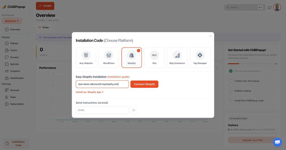 ChilliPopup dashboard Shopify tab with a store domain entered and the Connect Shopify button ready