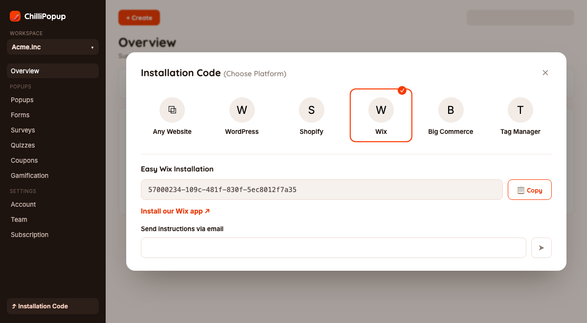 ChilliPopup dashboard Installation Code screen showing the Wix tab and Workspace ID field