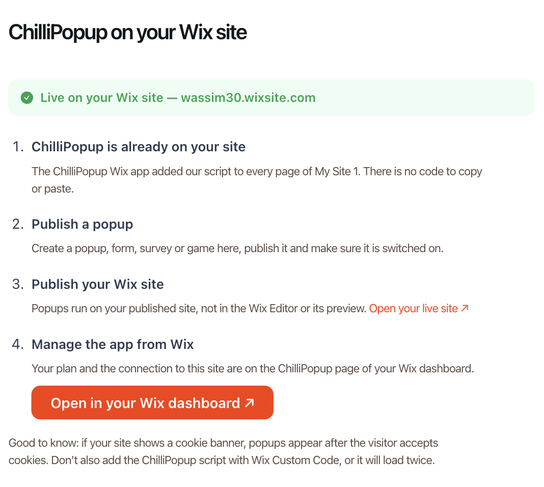 The ChilliPopup on your Wix site screen in the ChilliPopup dashboard, showing Live on your Wix site and the four setup steps