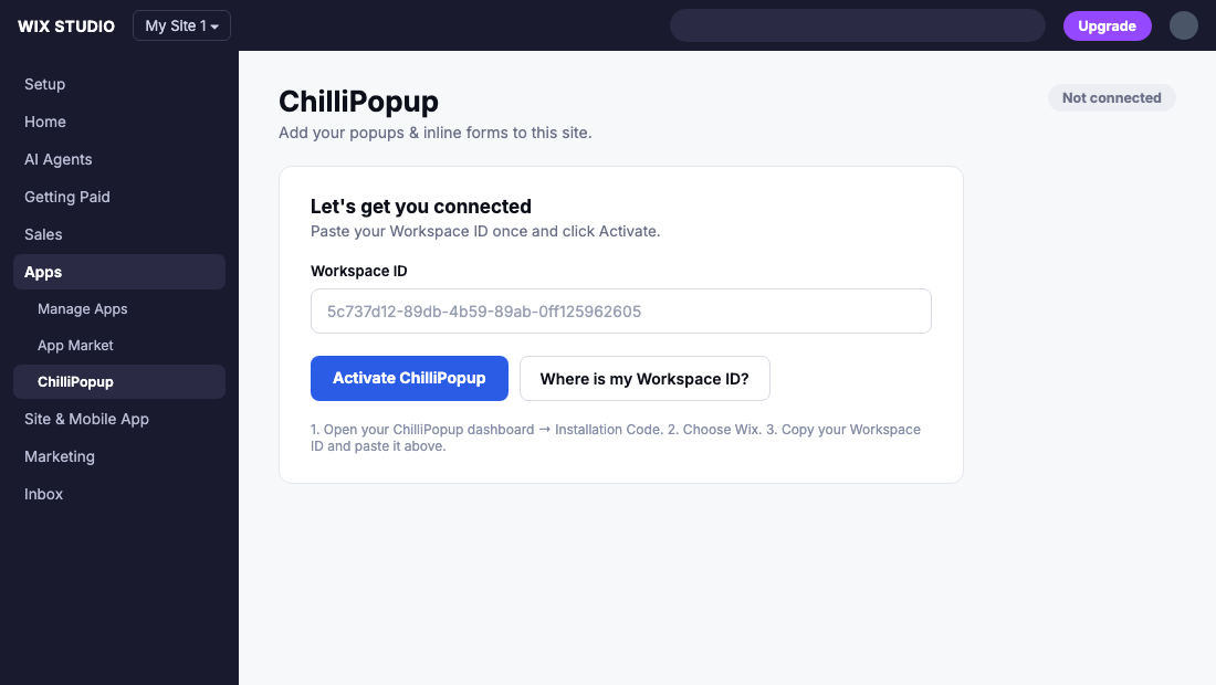 ChilliPopup app settings page in the Wix dashboard, showing the empty Workspace ID field and Activate ChilliPopup button
