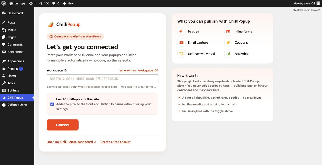 ChilliPopup settings page in WordPress with the Workspace ID field and Connect button